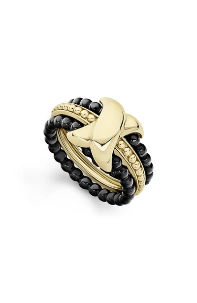 Shop Lagos Meridian 18k Gold & Ceramic X Stacking Ring Set In Gold/ Black