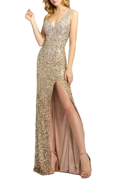 Shop Mac Duggal Sequin Slit Gown In Shimmmering Gold