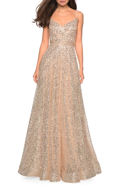 Shop La Femme Sequin A-line Gown In Gold
