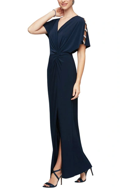 Shop Alex Evenings Embellished Sleeve Knot Front Jersey Gown In Navy