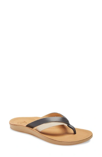 Shop Olukai Kaekae Flip Flop In Wind Grey/ Golden Sand Leather