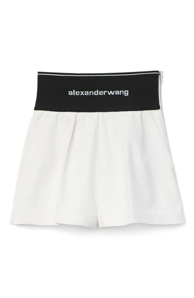 Shop Alexander Wang Logo Waistband Pleated Sateen Shorts In Natural