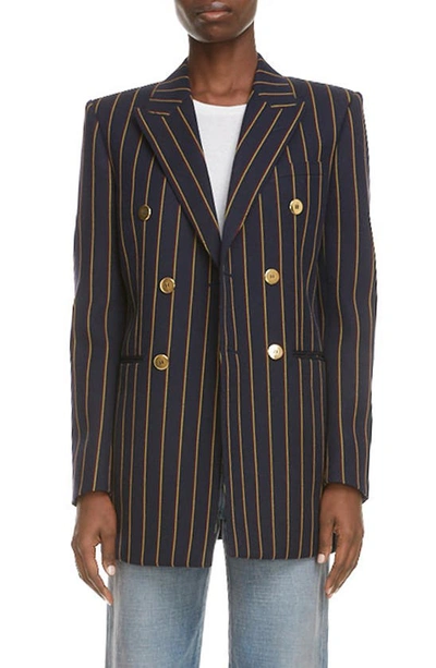 Shop Saint Laurent Double Breasted Stripe Wool Blazer In Marine Jaune Rouge