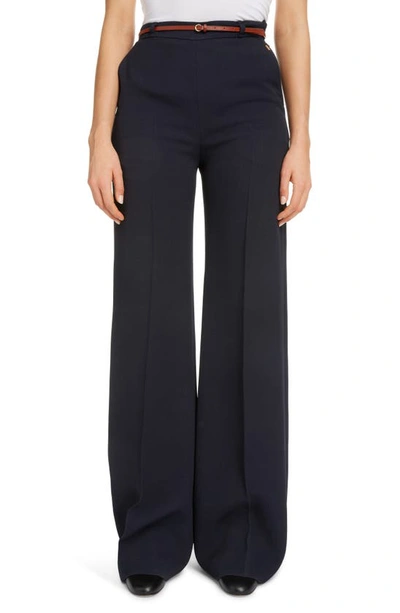 Shop Chloé Belted Crepe Flare Wide Leg Trousers In Ink Navy