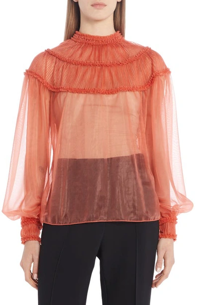 Shop Fendi Ruffle Yoke Sheer Organza Silk Lined Blouse In F1bgz Banjo