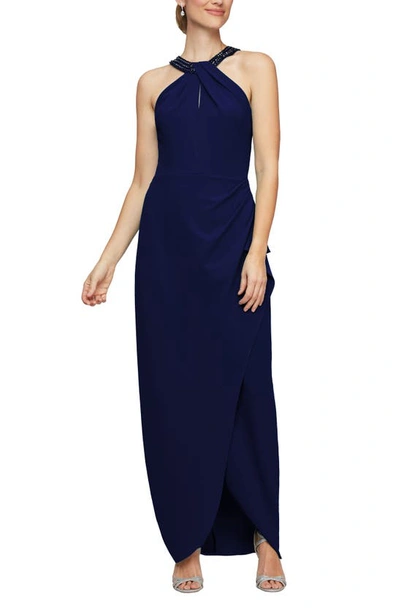 Shop Alex Evenings Embellished Halter Evening Gown In Navy