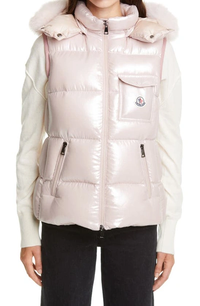 Shop Moncler Balabio Metallic Down Puffer Hooded Vest With Removable Genuine Blue Fox Fur Trim In Pink