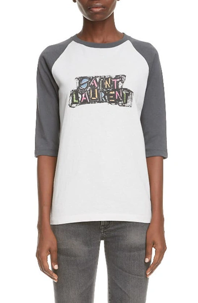 Shop Saint Laurent Raglan Logo Graphic Tee In Dirty Ecru/ Gris/ Mult