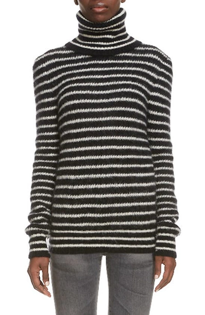 Shop Saint Laurent Stripe Turtleneck Sweater In Noir/ Naturel