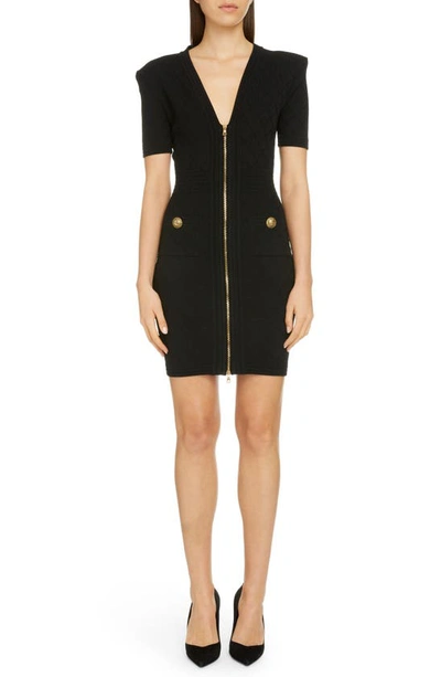 Shop Balmain Zip Front Diamond Stitch Dress In Noir