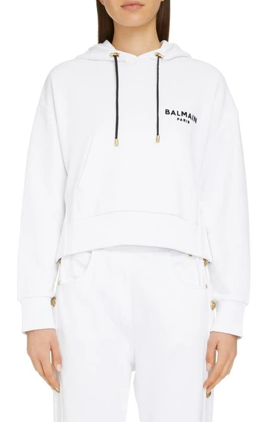 Shop Balmain Flocked Logo Crop Hoodie In Blanc/ Noir