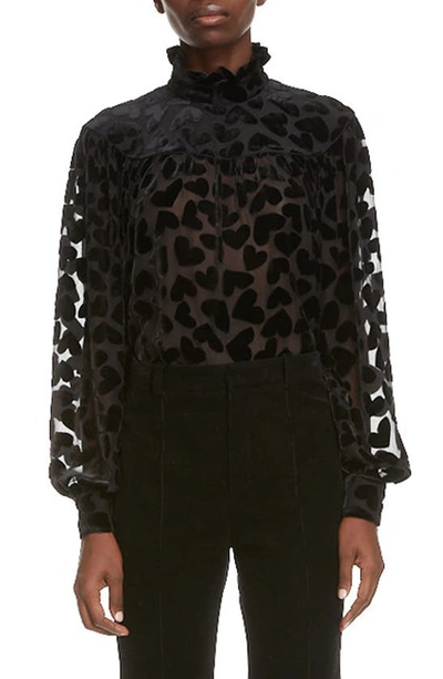 Shop Saint Laurent Velvet Heart Burnout Blouse In Noir