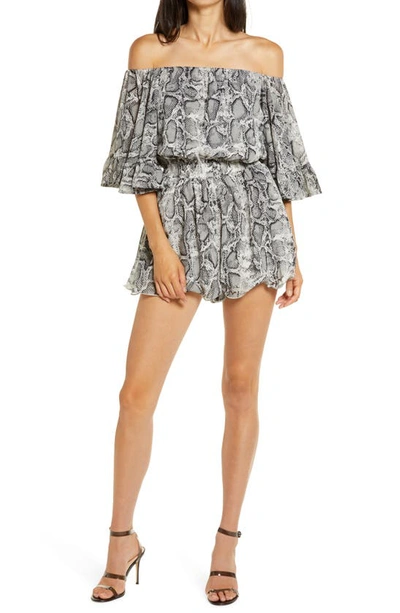 Shop Endless Rose Off The Shoulder Ruffle Sleeve Romper In Snake Skin