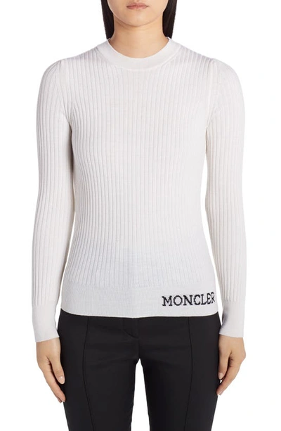 Shop Moncler Jacquard Logo Rib Wool Sweater In White