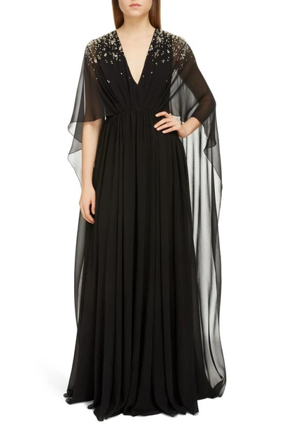 Shop Givenchy Crystal Degrade Cape Sleeve Silk Gown In Black