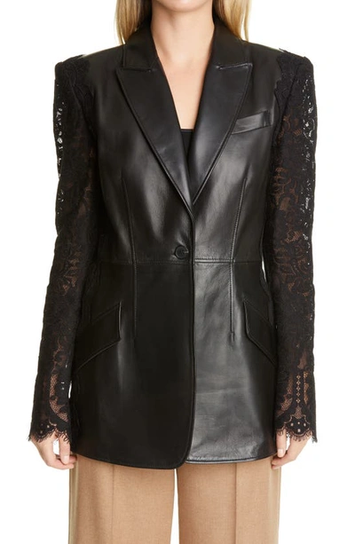 Shop Alexander Mcqueen Lace Sleeve Leather Blazer In Black/ Black