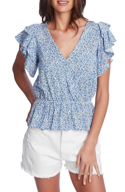 Shop 1.state Floral Ditsy Cross Front Peplum Blouse In Harbor Waves