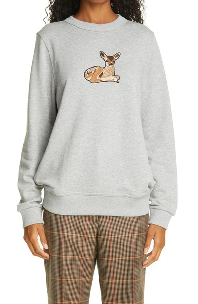 Shop Burberry Deer Applique Stretch Cotton Sweatshirt In Pale Grey Melange