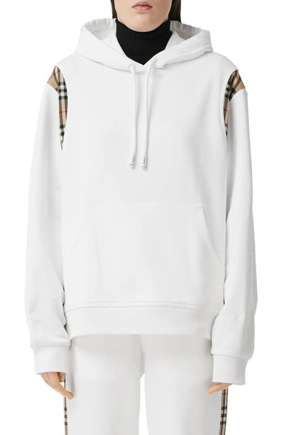 Shop Burberry Fairhall Check Trim Cotton Hoodie In White