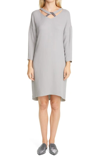 Shop Fabiana Filippi Long Sleeve Beaded Knot Neck Shift Dress In Grey