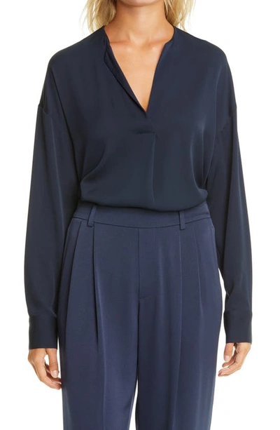 Shop Vince Long Sleeve Stretch Silk Popover Blouse In Coastal