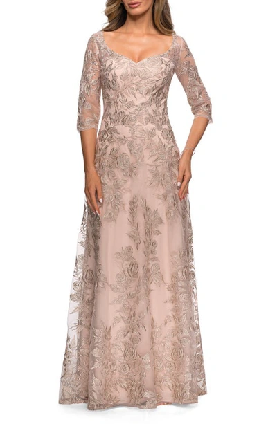 Shop La Femme Floral Embroidered Mesh A-line Gown In Champagne