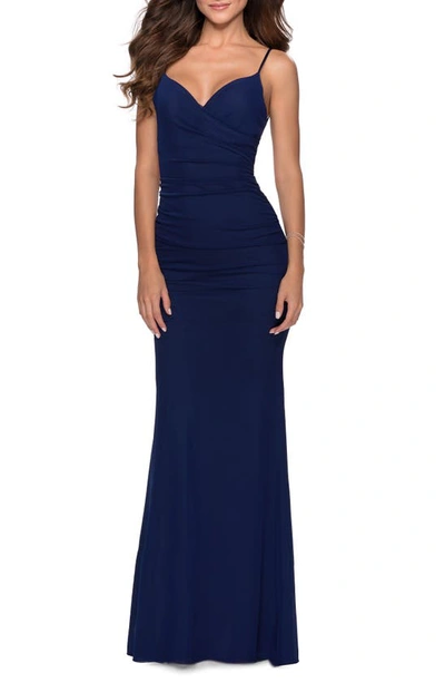 Shop La Femme Strappy Back Ruched Trumpet Gown In Navy