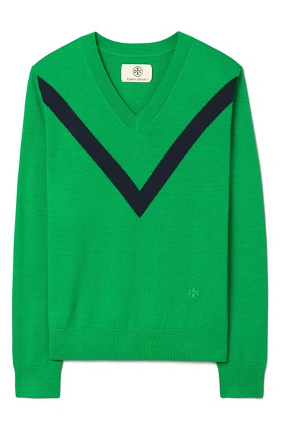 Shop Tory Sport By Tory Burch Chevron Stripe Merino Wool V-neck Sweater In Vineyard / Tory Navy
