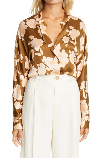 Shop Vince Tapestry Floral Silk Popover Blouse In Amber