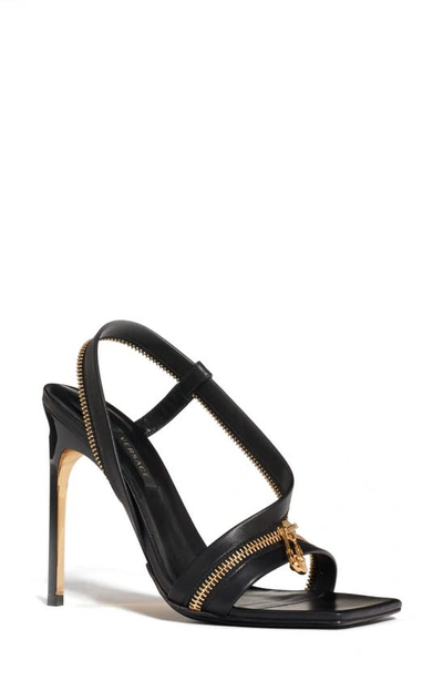 Shop Versace Safety Pin Zipper Square Toe Sandal In Black/ Gold