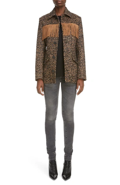 Shop Saint Laurent Fringe Trim Leopard Jacquard Wool Blend Jacket In Fauve