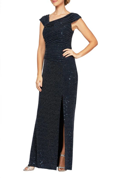 Shop Alex Evenings Sequin Ruched Neck Sparkle Knit Gown In Navy/ Silver