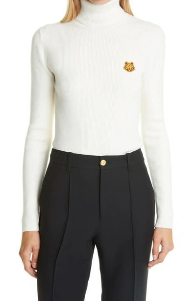 Shop Kenzo Tiger Crest Rib Merino Wool Turtleneck Sweater In Ecru