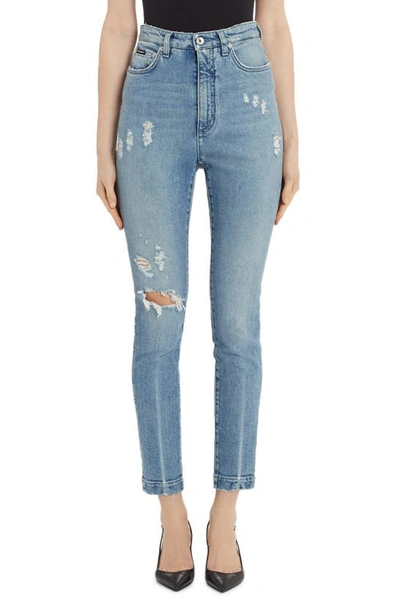 Shop Dolce & Gabbana Logo Patch Ripped Skinny Jeans In Denim