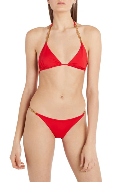 Shop Versace Chain Detail Triangle Bikini Top In Red