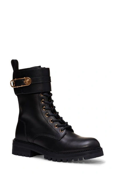 Shop Versace Safety Pin Combat Boot In Black/ Gold