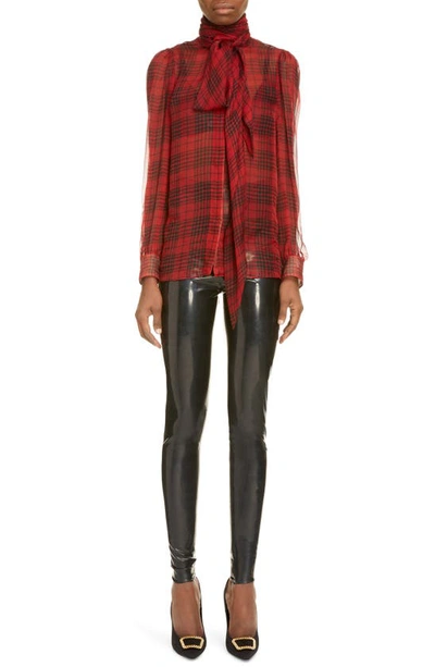 Shop Saint Laurent Tie Neck Sheer Plaid Silk Blouse In Rouge Noir