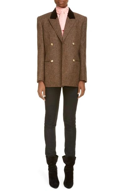 Shop Saint Laurent Double Breasted Wool Tweed Blazer In Marron Melange
