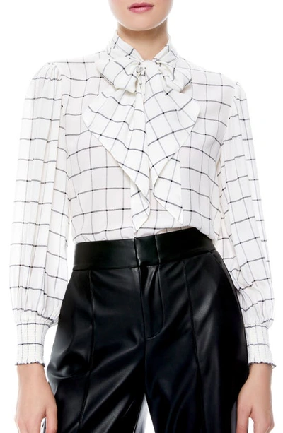 Shop Alice And Olivia Windowpane Check Tie Neck Silk Blouse In Stardust Windowpane Off White