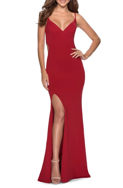 Shop La Femme Strappy Back Jersey Gown In Red