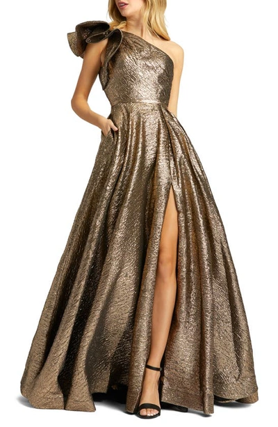 Shop Mac Duggal Crinkle Metallic Ruffle One Shoulder Gown In Antique Bronze