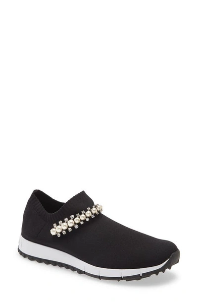Shop Jimmy Choo Verona Embellished Knit Sneaker In Black/ White