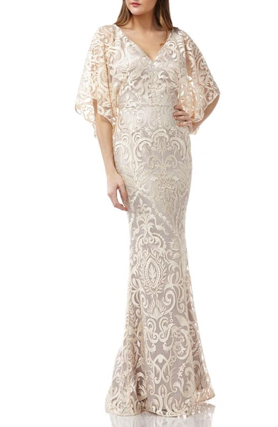 Shop Js Collections Embroidered Lace Evening Dress In Champagne