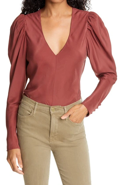 Shop Frame V-neck Puff Shoulder Silk Top In Sable