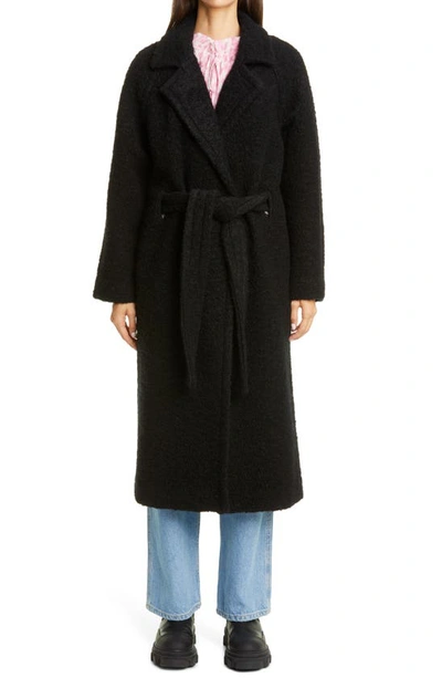 Ganni Black Wool Bouclé Wrap Coat | ModeSens