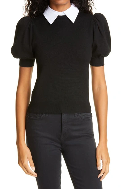Shop Alice And Olivia Chase Puff Sleeve Wool Blend Sweater With Removable Collar In Black/ White
