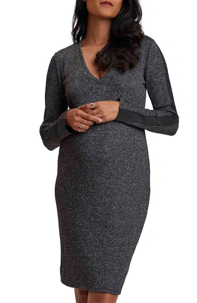 Shop Stowaway Collection Long Sleeve Faux Suede Trim Maternity Dress In Dark Grey Melange
