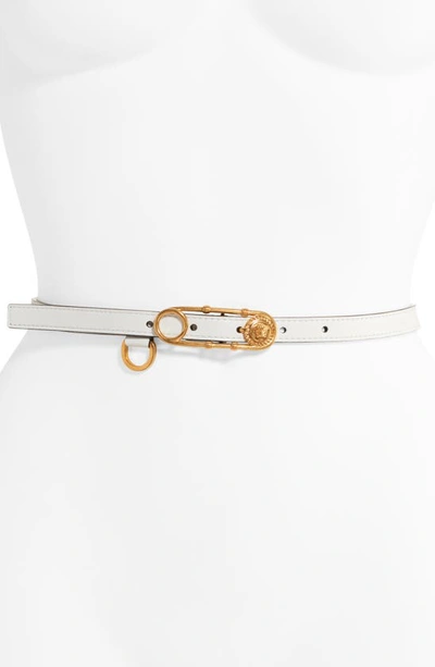 Shop Versace Safety Pin Buckle Leather Belt In Optical White/ Gold