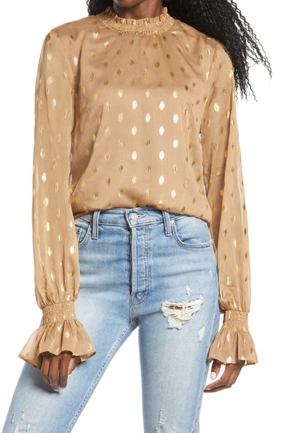 Shop Endless Rose Metallic Polka Dot Chiffon Top In Tan