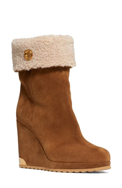 Shop Moncler W Short Faux Shearling Lined Wedge Bootie In Camel